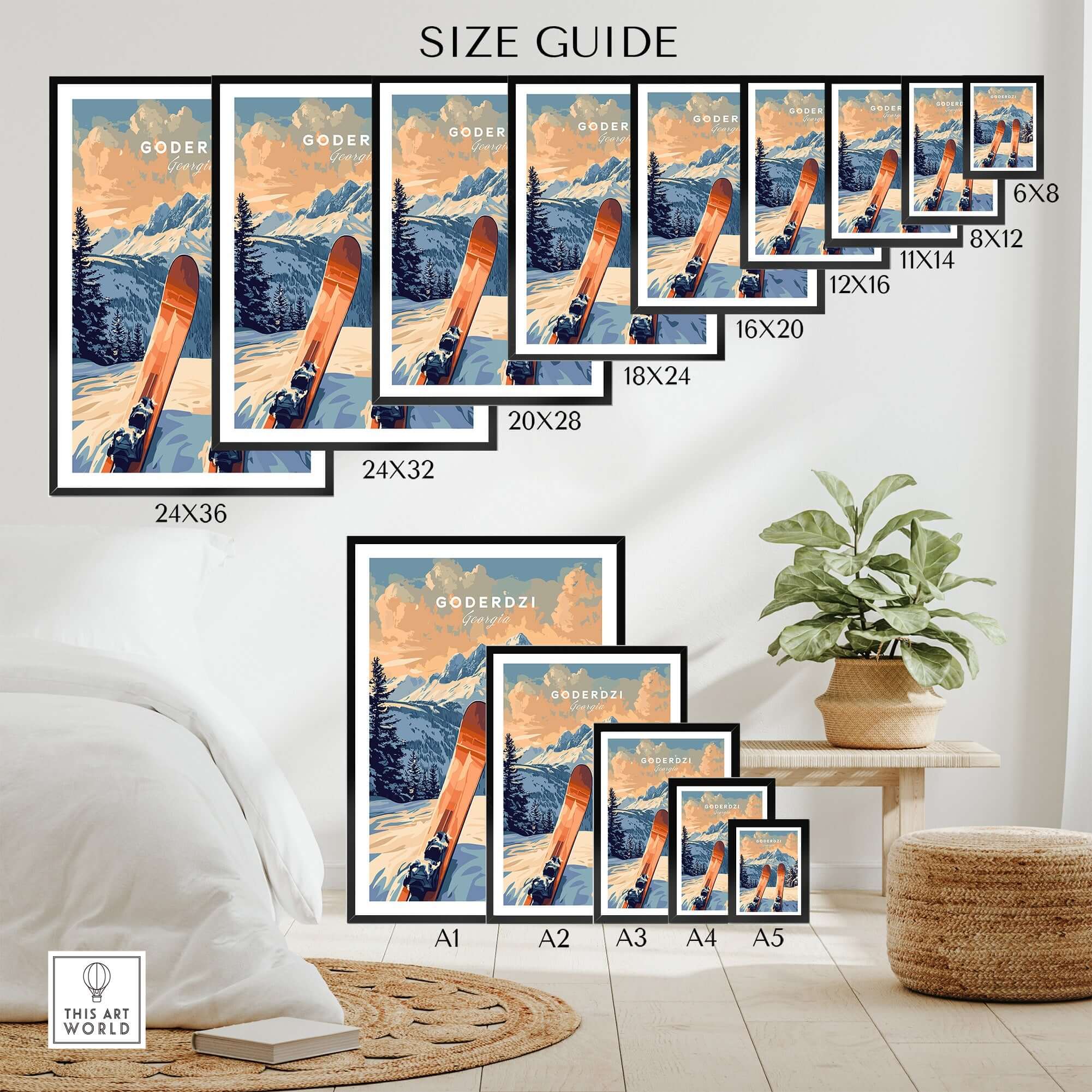 Size guide for Goderdzi Ski Print showcasing various frame sizes in a stylish interior setting. Perfect for skiing enthusiasts.