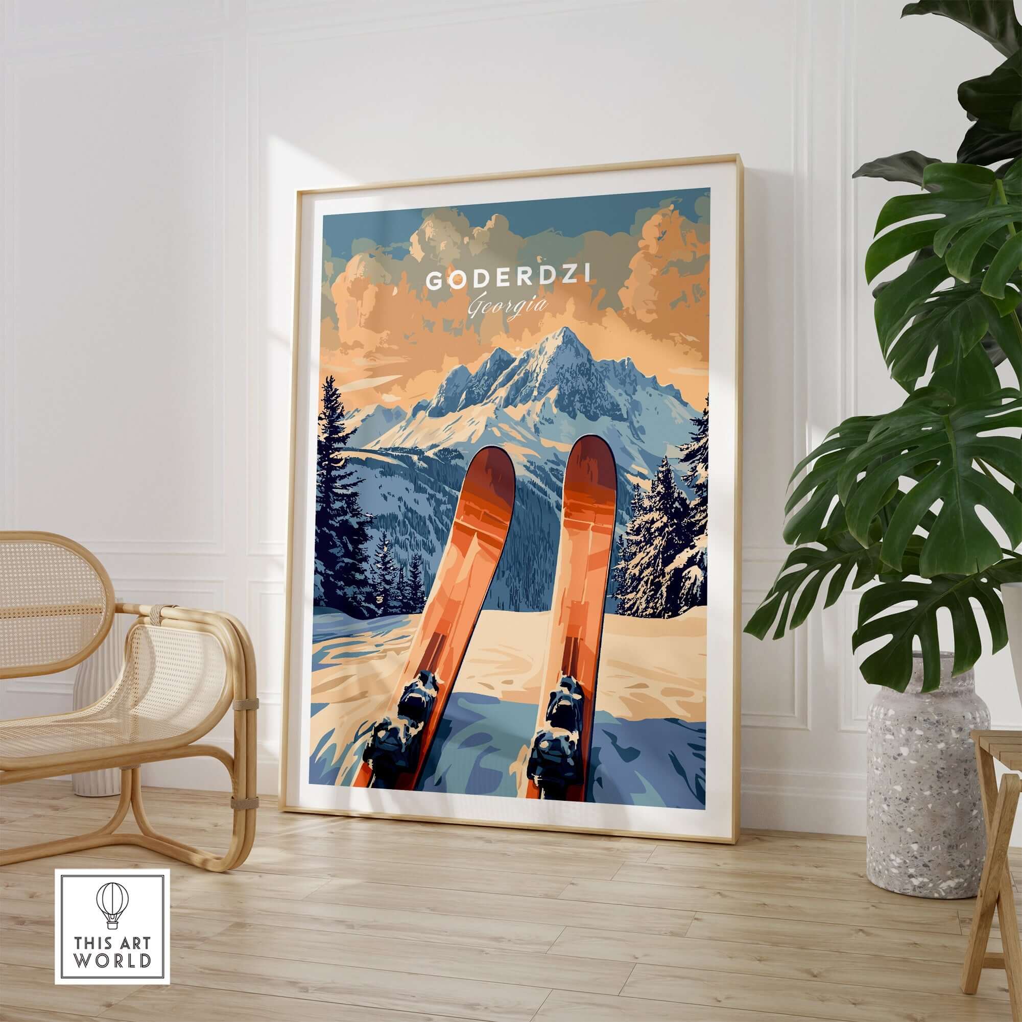 Goderdzi Ski Print featuring skis in front of mountains, perfect for ski lovers to inspire winter adventure.