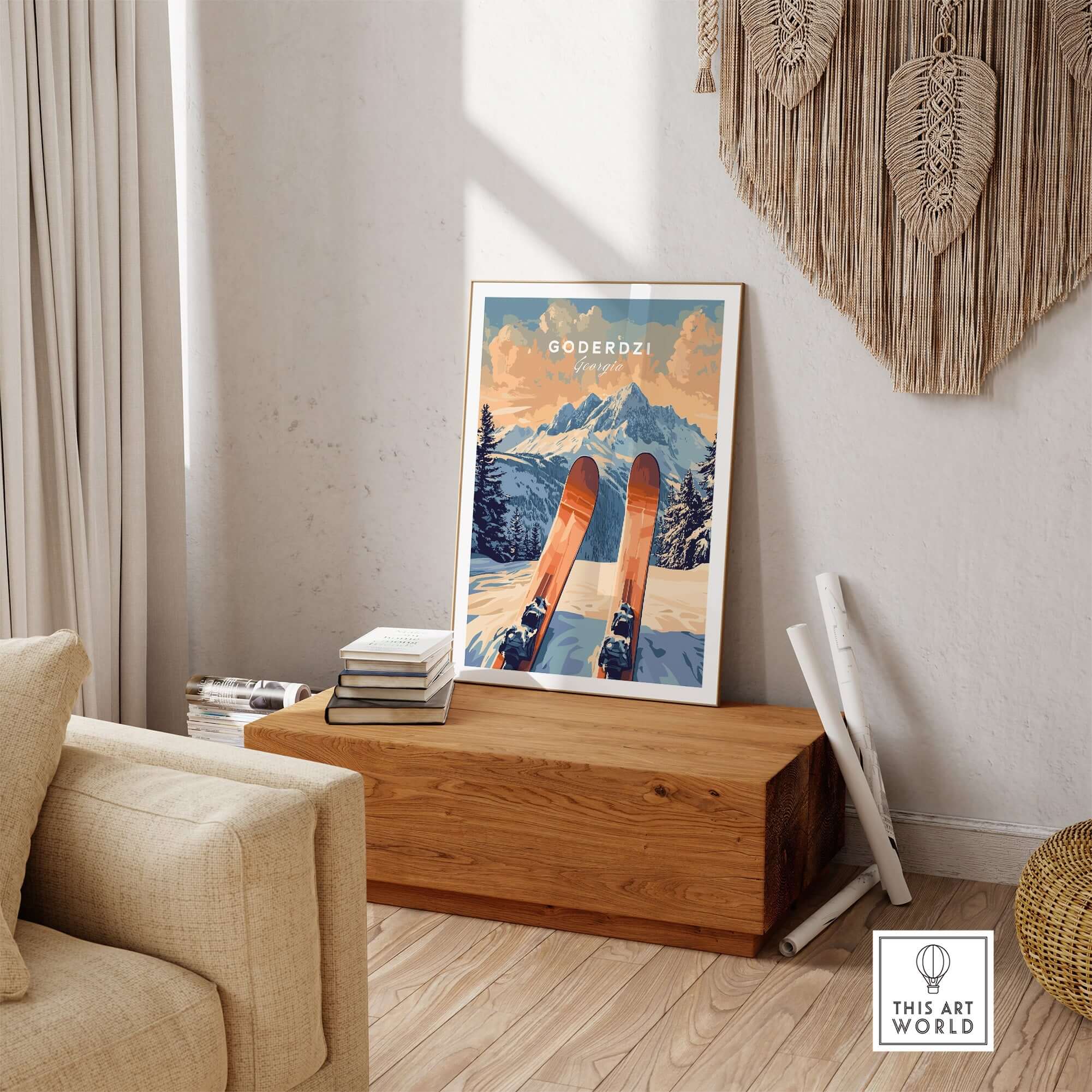Goderdzi Ski Print displayed in a cozy living room setting, showcasing scenic mountains and ski equipment. Perfect for ski enthusiasts.