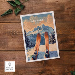 Goderdzi Ski Print featuring skis against a scenic mountain backdrop, perfect for ski lovers and home decor.