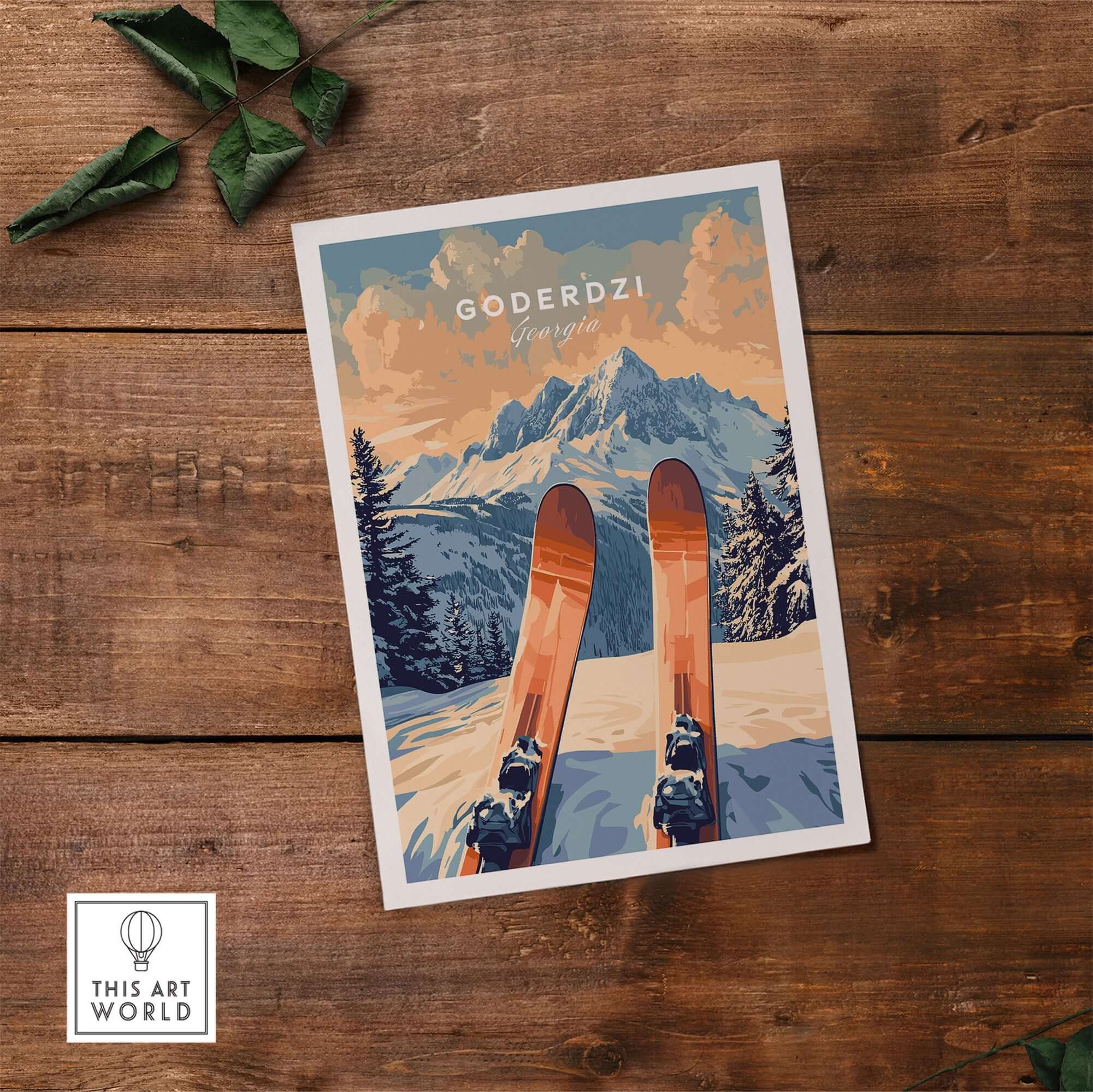 Goderdzi Ski Print featuring skis against a scenic mountain backdrop, perfect for ski lovers and home decor.