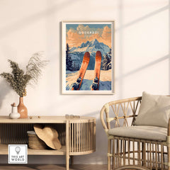 Goderdzi Ski Print showcasing vibrant skis against a snowy mountain backdrop in a stylish interior setting.