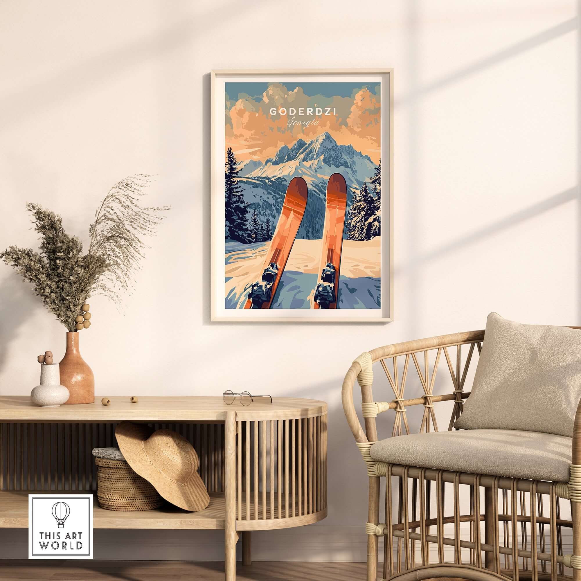 Goderdzi Ski Print showcasing vibrant skis against a snowy mountain backdrop in a stylish interior setting.