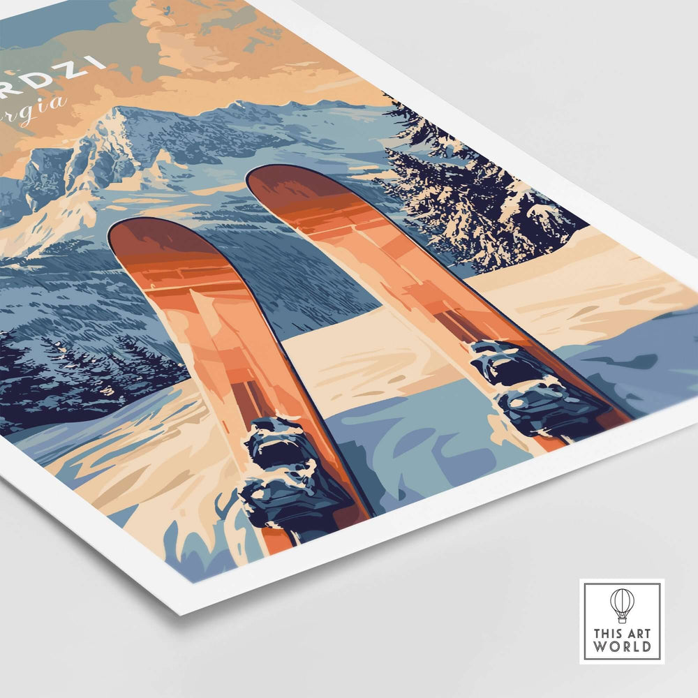 Goderdzi Ski Print featuring vibrant skis against a stunning mountain landscape, perfect for ski enthusiasts and home decor.