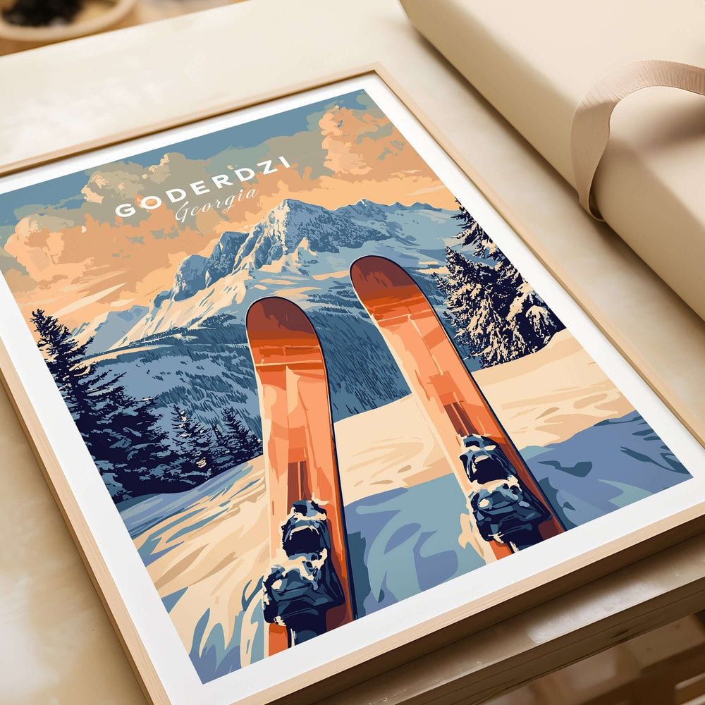 High-quality Goderdzi Ski Print featuring skis on snowy slopes with majestic mountains in the background, perfect for ski lovers.