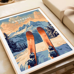 High-quality Goderdzi Ski Print featuring skis on snowy slopes with majestic mountains in the background, perfect for ski lovers.