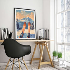 Goderdzi Ski Print framed artwork showcasing skis and mountains, perfect for ski enthusiasts and decor lovers.