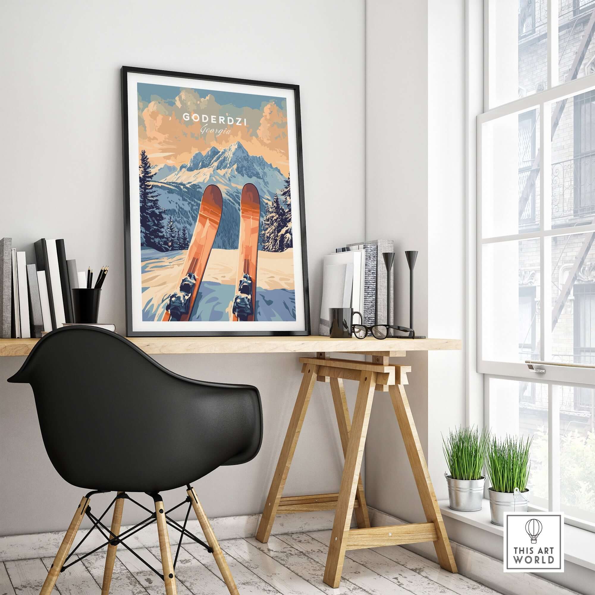 Goderdzi Ski Print framed artwork showcasing skis and mountains, perfect for ski enthusiasts and decor lovers.