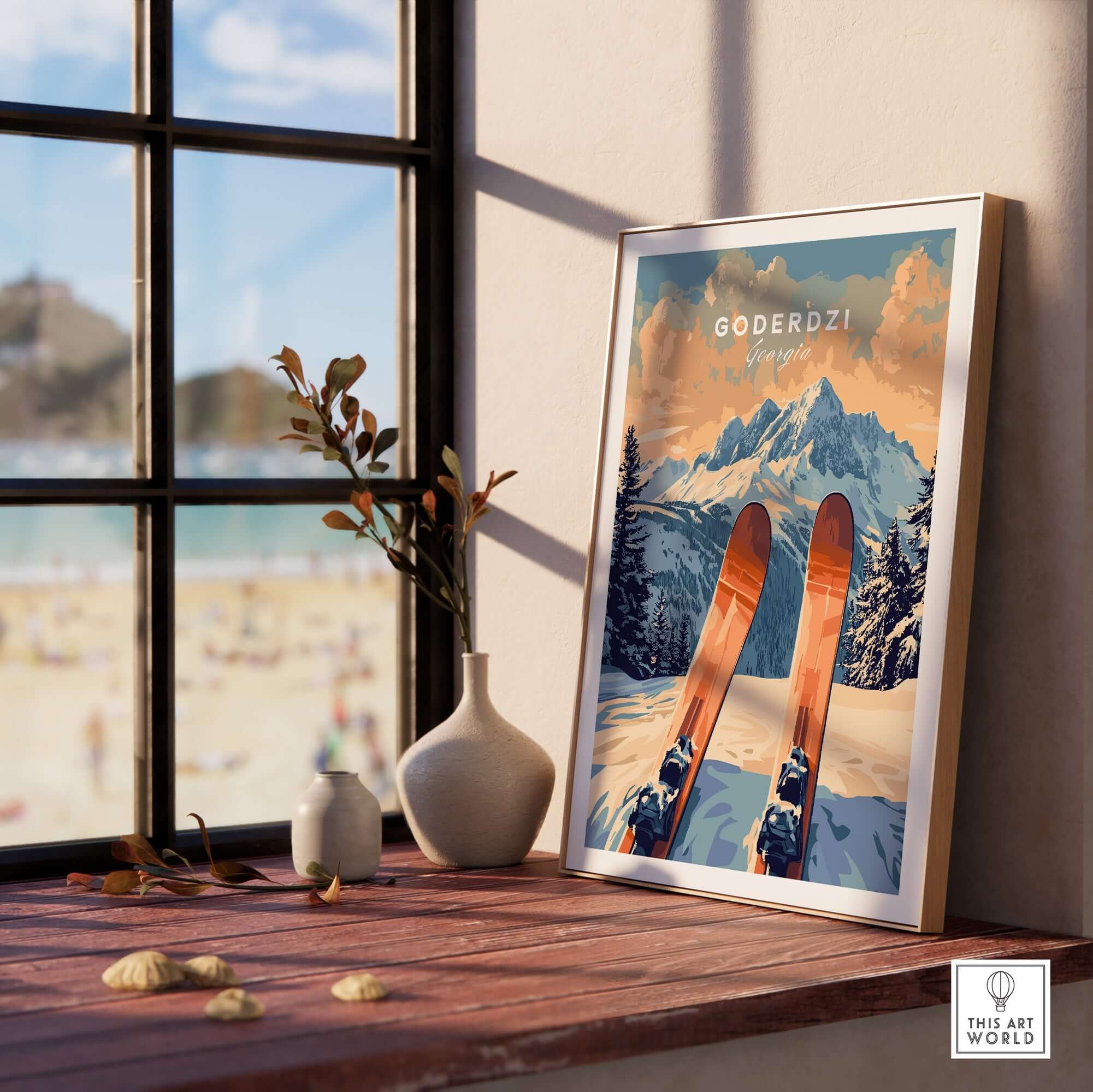 Goderdzi Ski Print decorates a cozy space, showcasing vibrant skis and mountain scenery, perfect for ski lovers.