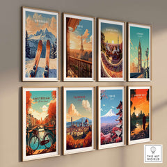 Colorful vintage travel posters featuring Goderdzi, Paris, Barcelona, London, Amsterdam, Florence, Tokyo, and Angkor Wat.