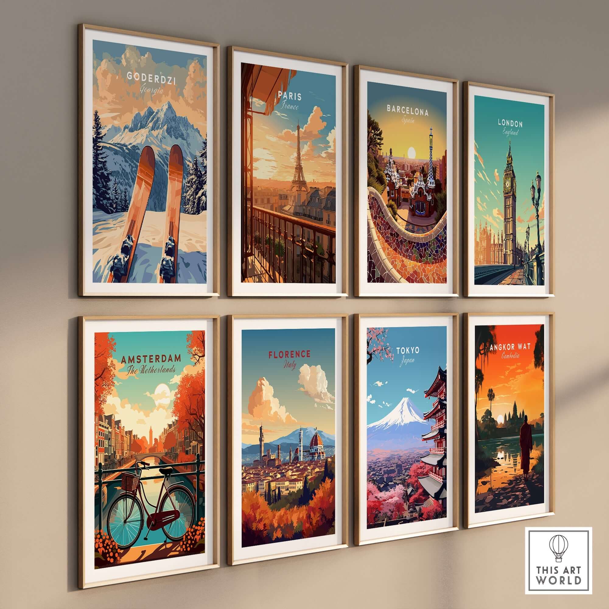 Colorful vintage travel posters featuring Goderdzi, Paris, Barcelona, London, Amsterdam, Florence, Tokyo, and Angkor Wat.