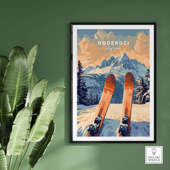 Goderdzi Ski Print featuring skis in snow with mountains, perfect for ski lovers' home decor.