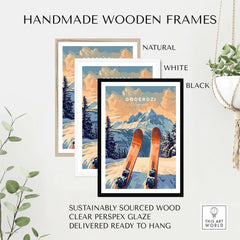 Goderdzi Ski Print framed in natural, white, and black handmade wooden frames, showcasing sustainable design ready to hang.