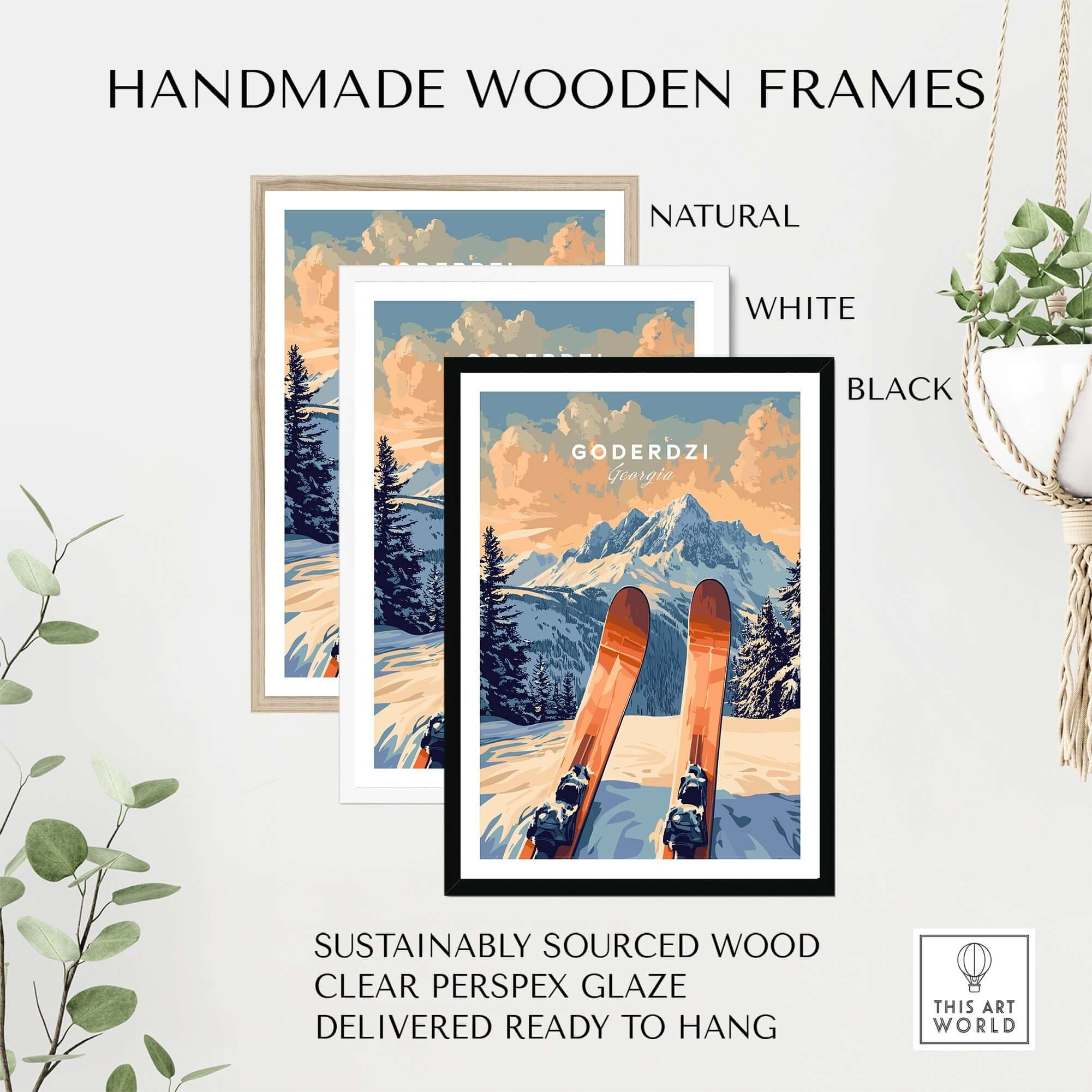 Goderdzi Ski Print framed in natural, white, and black handmade wooden frames, showcasing sustainable design ready to hang.