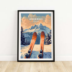 Goderdzi Ski Print featuring skis with mountains in the background, perfect for ski lovers and adventurers.