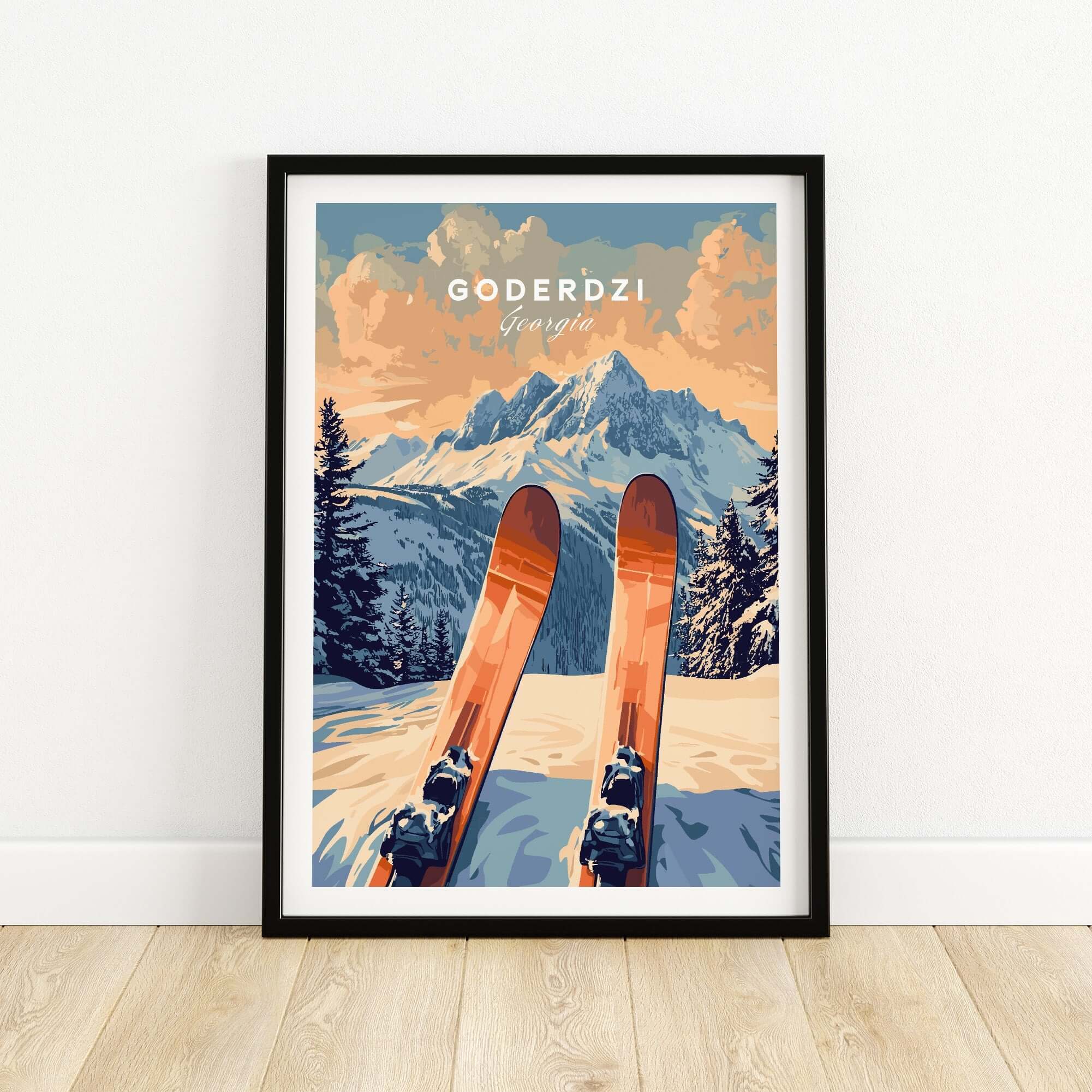 Goderdzi Ski Print featuring skis with mountains in the background, perfect for ski lovers and adventurers.