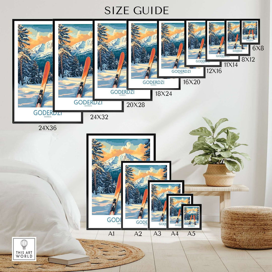 Goderdzi Ski Wall Art poster size guide showcasing various frame sizes for home decor options.