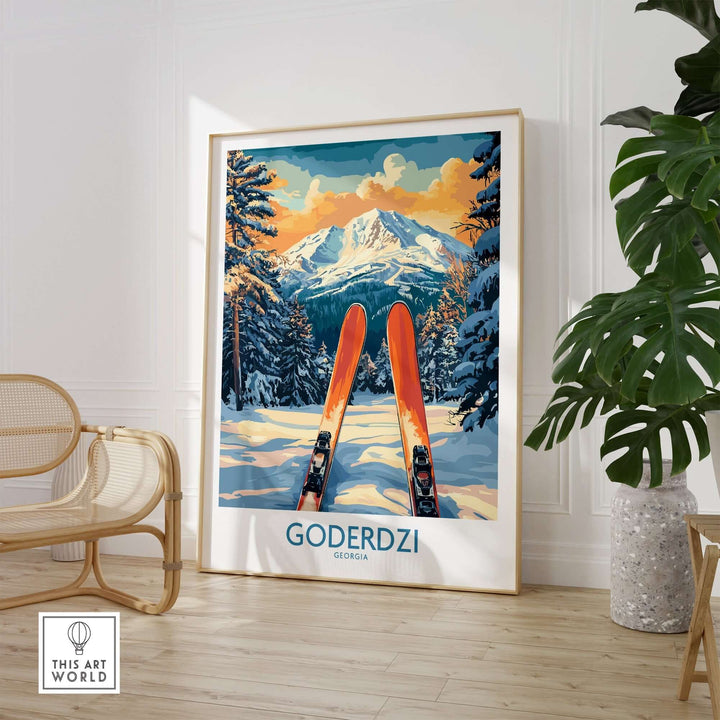 Goderdzi Ski Wall Art Poster showcasing snowy mountains and skis, perfect for elevating home decor in Georgia.