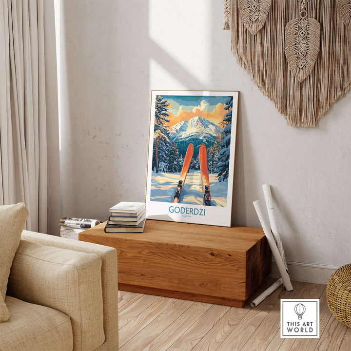 Goderdzi Ski Wall Art Poster in a cozy living room setting, showcasing snowy mountains and vibrant skis.