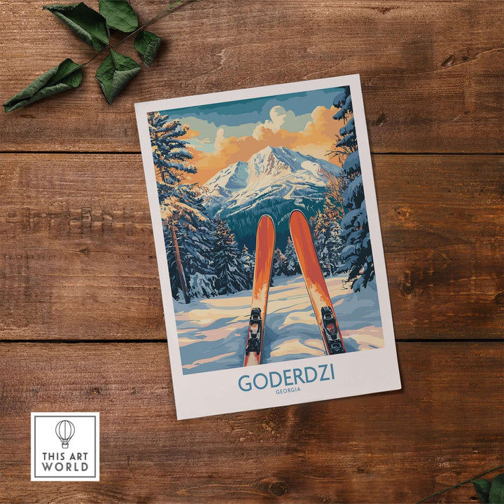 Goderdzi Ski Wall Art Poster featuring snowy mountains and skis, showcasing the beauty of Georgia's winter landscape.