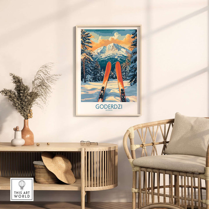 Goderdzi Ski Wall Art Poster showcasing snowy slopes and mountains, enhancing home decor with adventurous spirit.