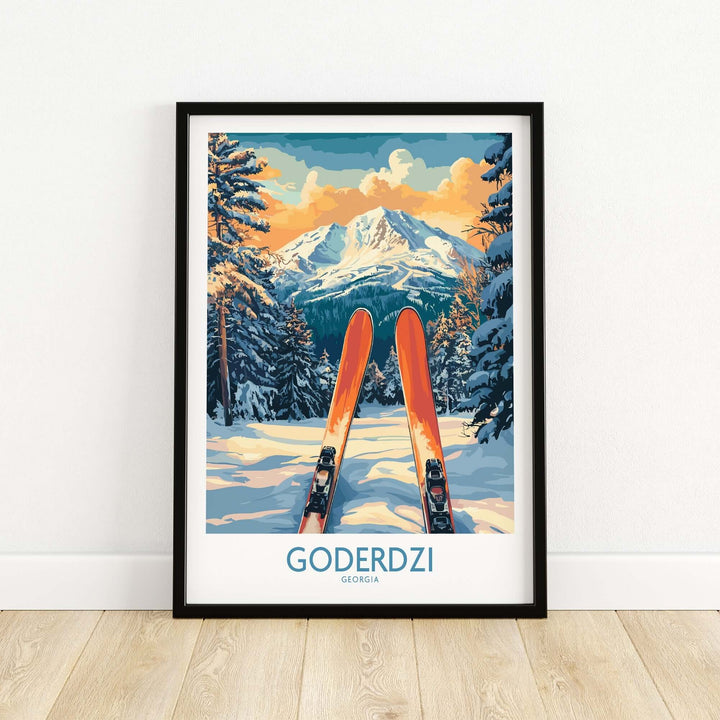 Goderdzi Ski Wall Art Poster featuring vibrant skis against a scenic mountain backdrop in Georgia. Perfect for home decor.