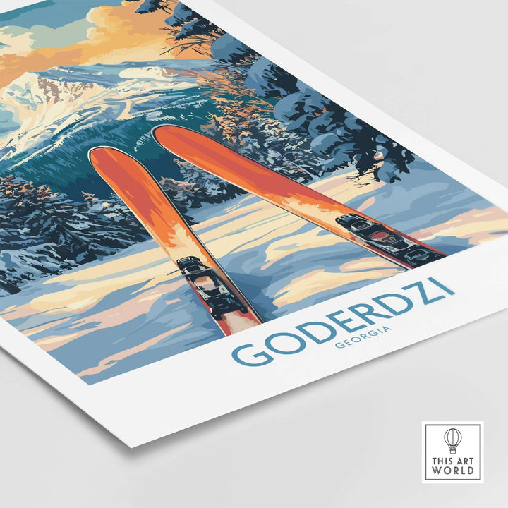 Goderdzi Ski Wall Art Poster featuring vibrant ski gear and stunning snowy mountains, perfect for home decor inspired by Georgia.