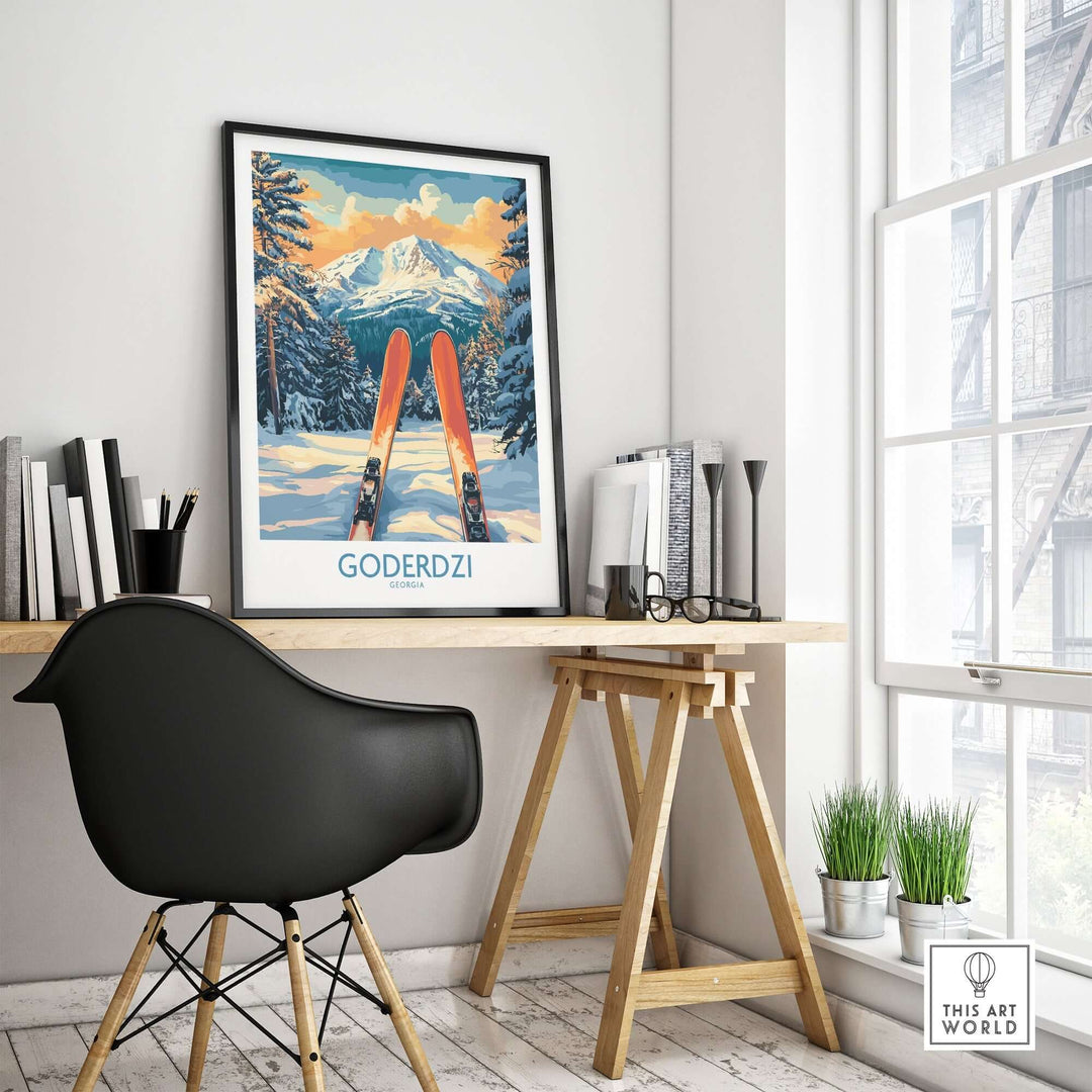 Goderdzi Ski Wall Art Poster in a stylish interior, featuring vibrant snowy mountains and orange skis on a desk.