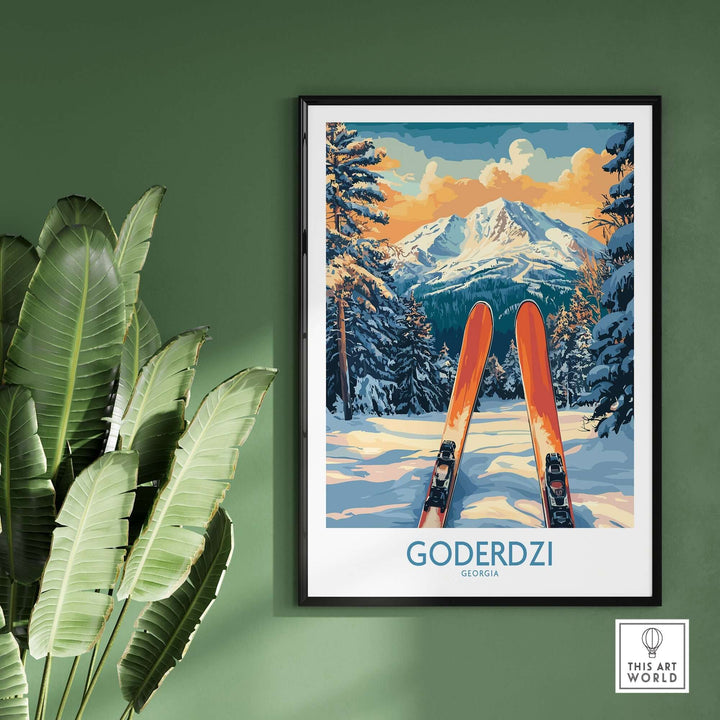 Goderdzi Ski Wall Art Poster featuring snowy mountains and skis, perfect for enhancing home decor with a touch of adventure.