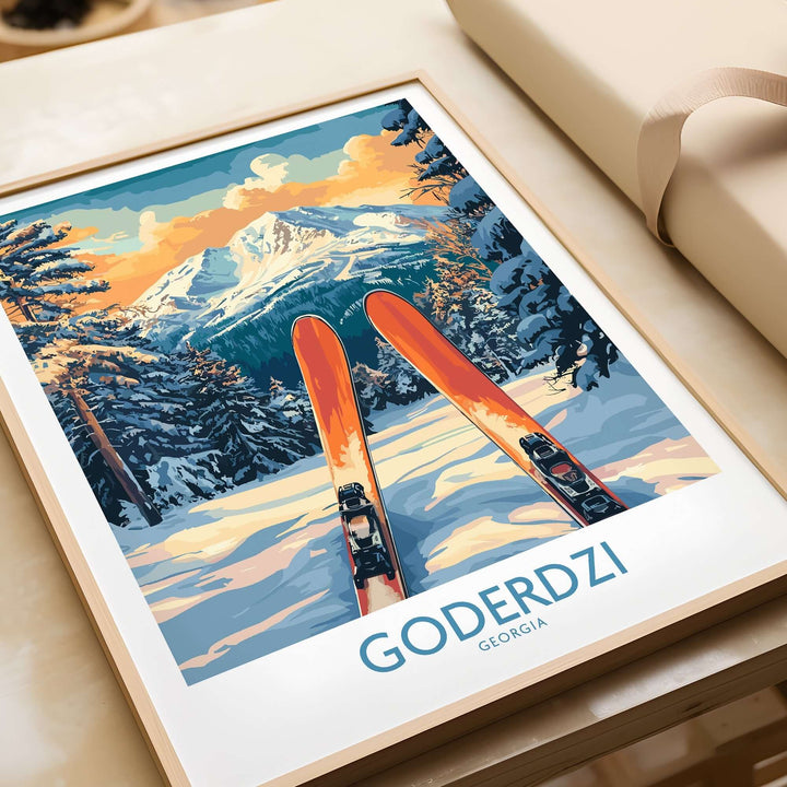 Goderdzi Ski Wall Art Poster featuring vivid orange skis against a snowy mountain landscape in Georgia.