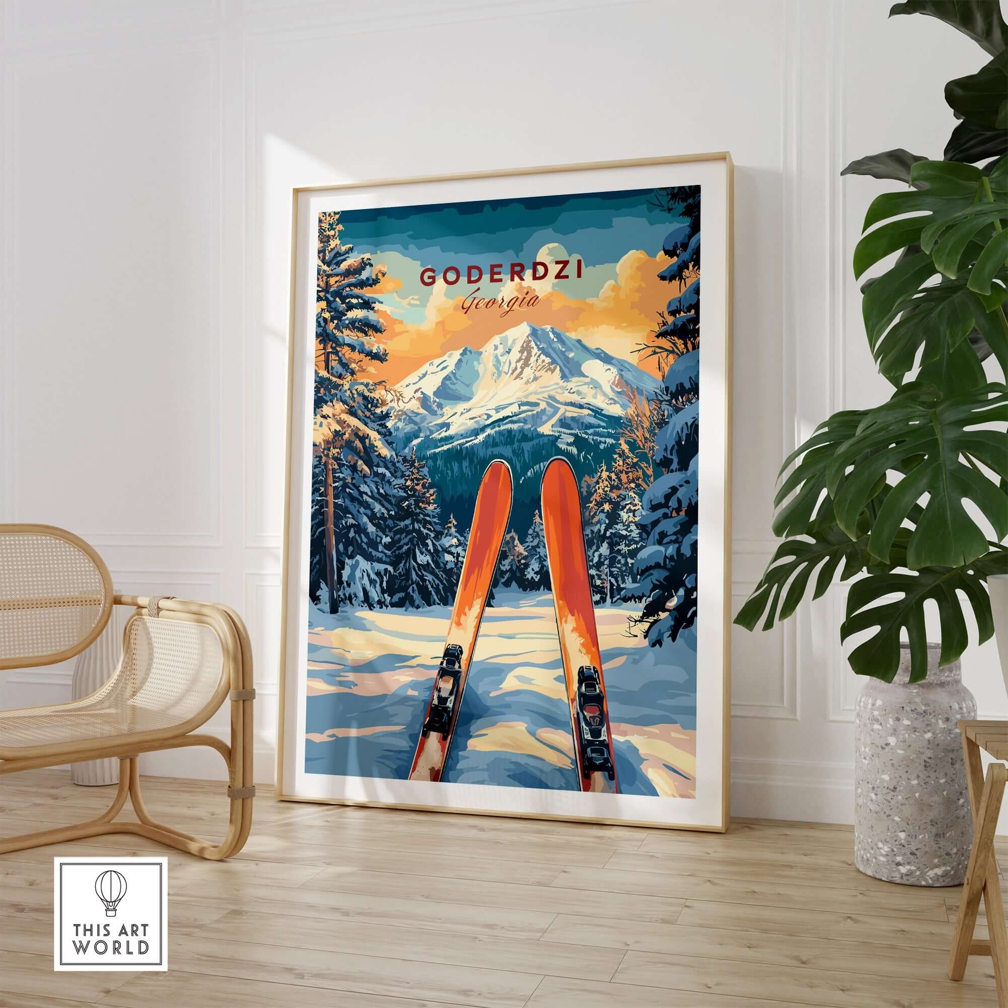 Goderdzi Ski wall art print featuring vivid mountains and skis, perfect decor for nature lovers and skiing enthusiasts.