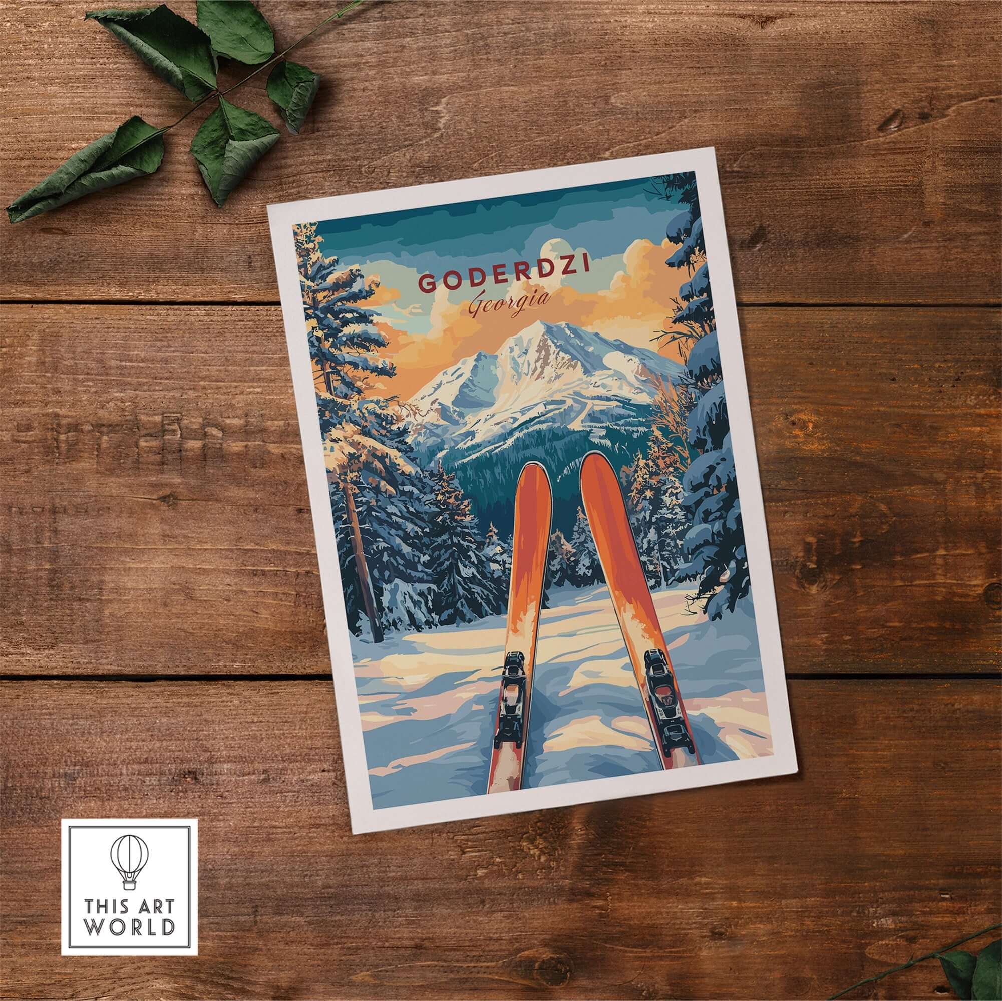 Goderdzi Ski wall art print showcasing vibrant skis against a snowy mountain landscape, capturing the essence of outdoor adventure in Georgia.
