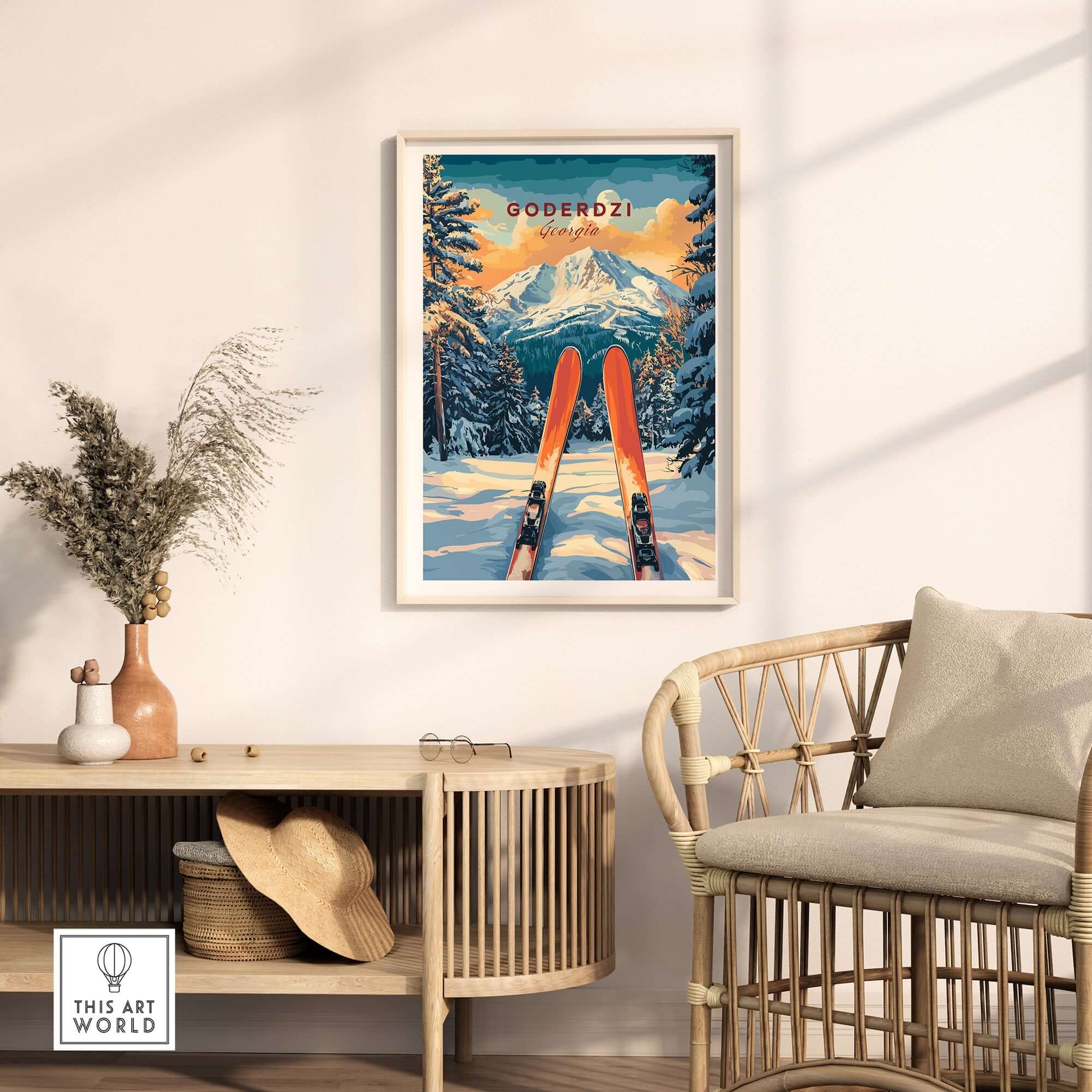 Goderdzi Ski wall art print featuring scenic mountain view and skis, ideal for nature lovers and skiing enthusiasts.