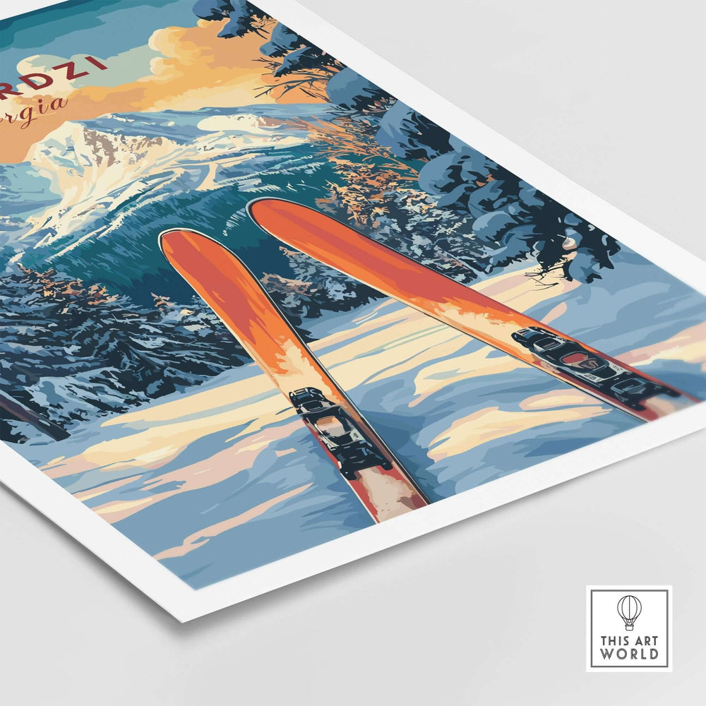 Goderdzi Ski wall art print showcasing vibrant skis and a stunning snowy landscape in Georgia. Perfect for nature and sports enthusiasts.