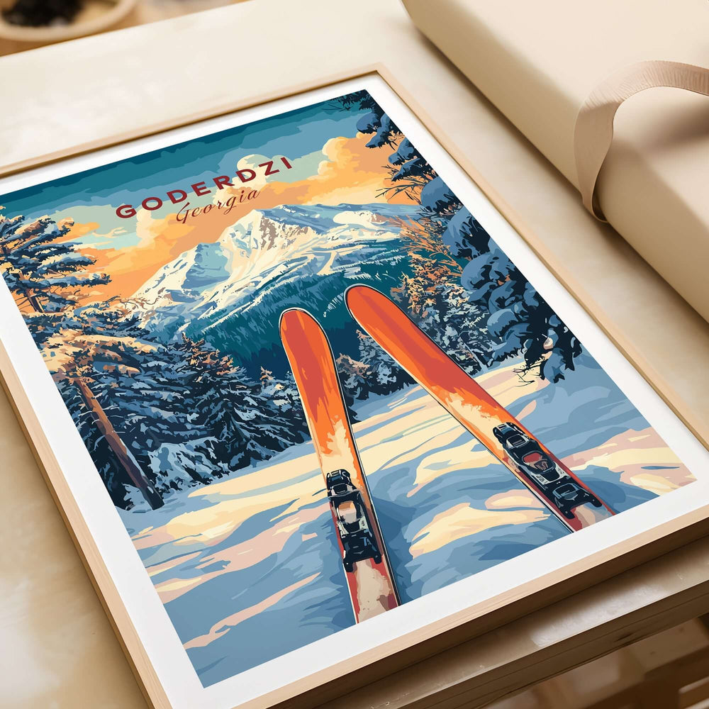 Goderdzi Ski wall art print featuring vibrant skis against a snowy mountain scene, capturing the beauty of Georgia's slopes.