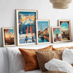 Goderdzi ski wall art print displayed among other travel-themed prints in a cozy home setting.