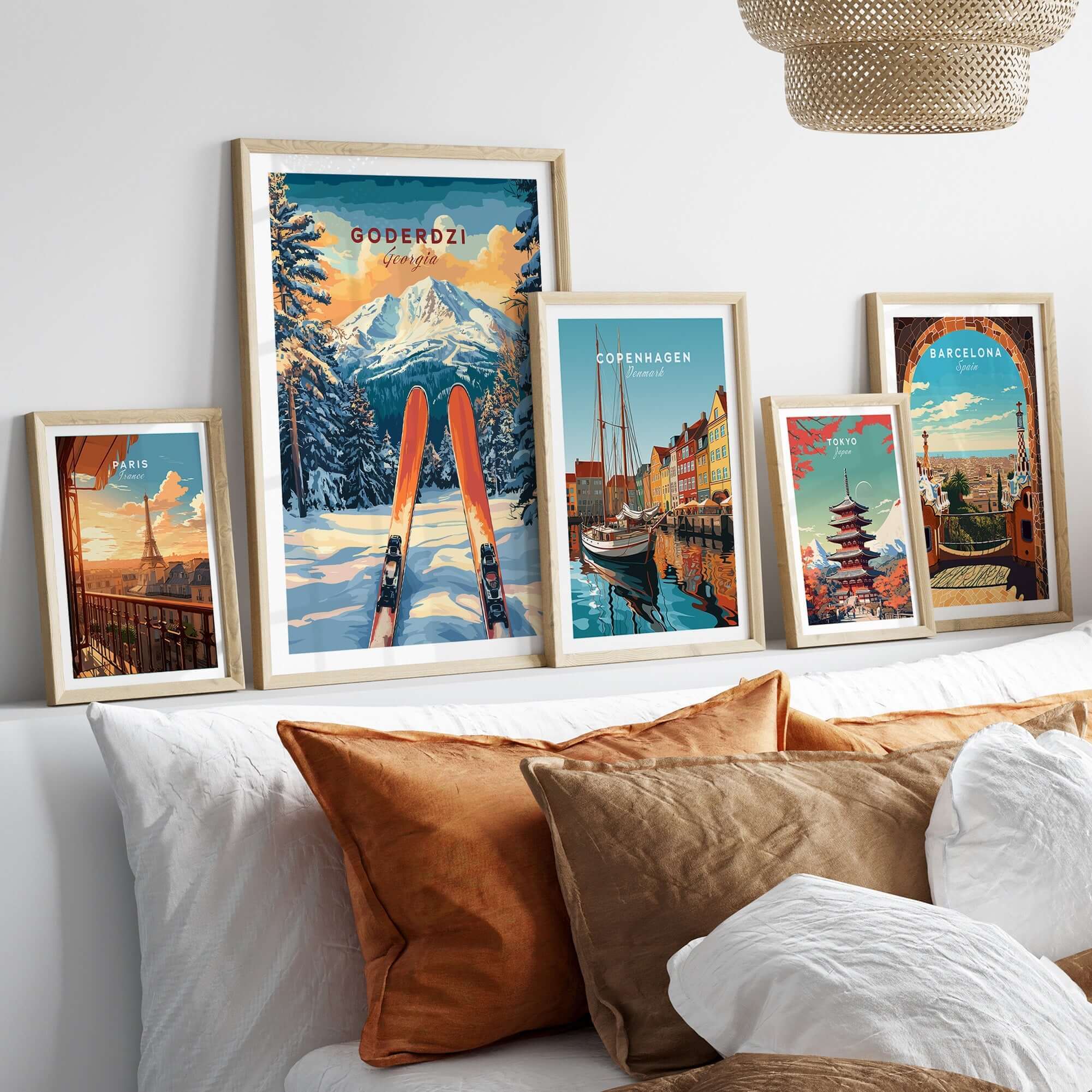 Goderdzi ski wall art print displayed among other travel-themed prints in a cozy home setting.