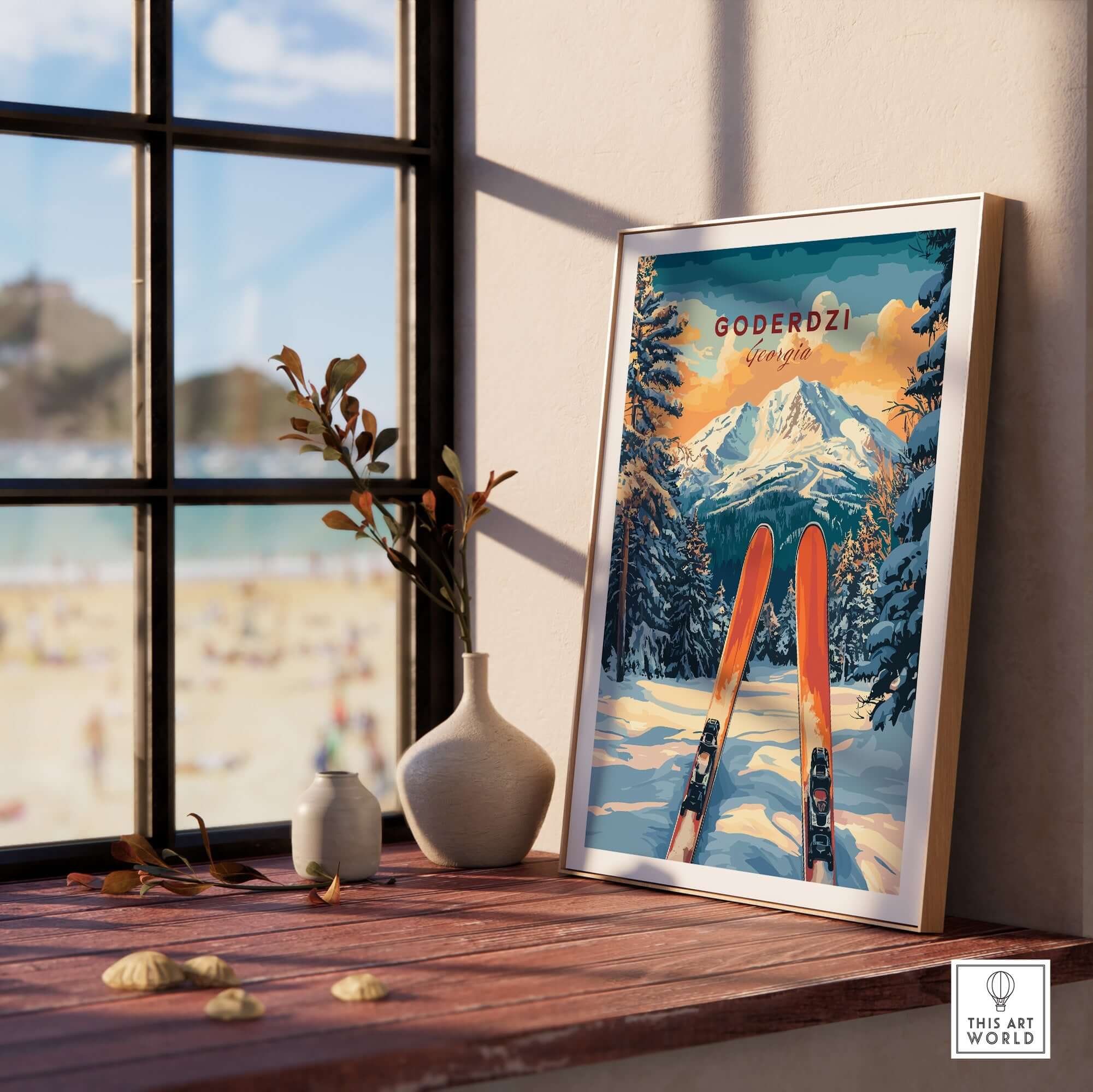 Goderdzi Ski wall art print featuring snow-capped mountains and ski equipment, perfect for nature lovers and adventurers.