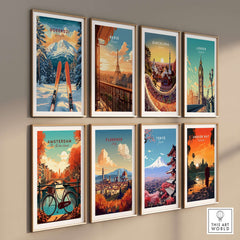 Goderdzi Ski wall art print alongside vibrant travel posters from cities like Paris, Tokyo, and Amsterdam, displayed in a stylish setting.