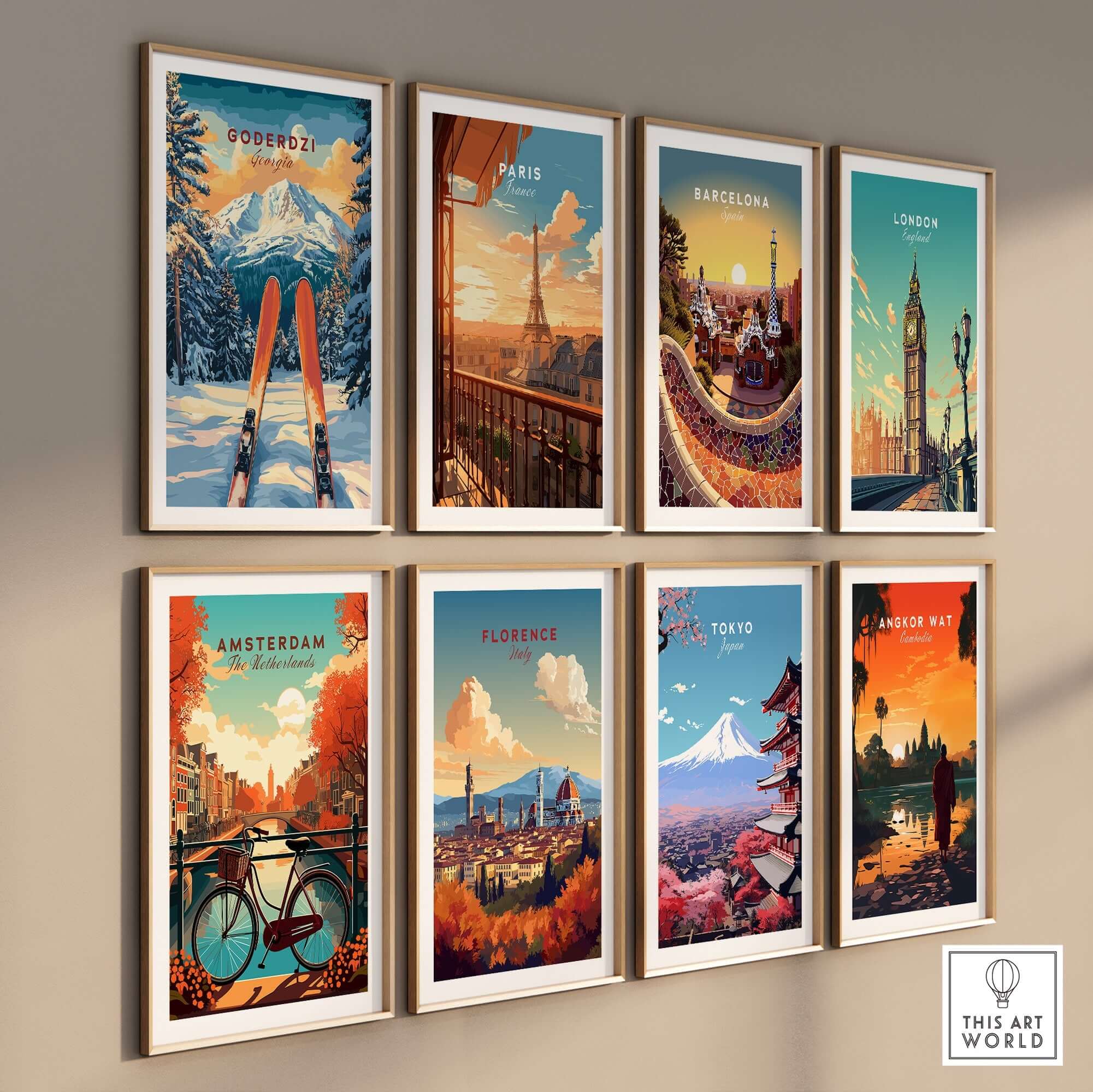 Goderdzi Ski wall art print alongside vibrant travel posters from cities like Paris, Tokyo, and Amsterdam, displayed in a stylish setting.