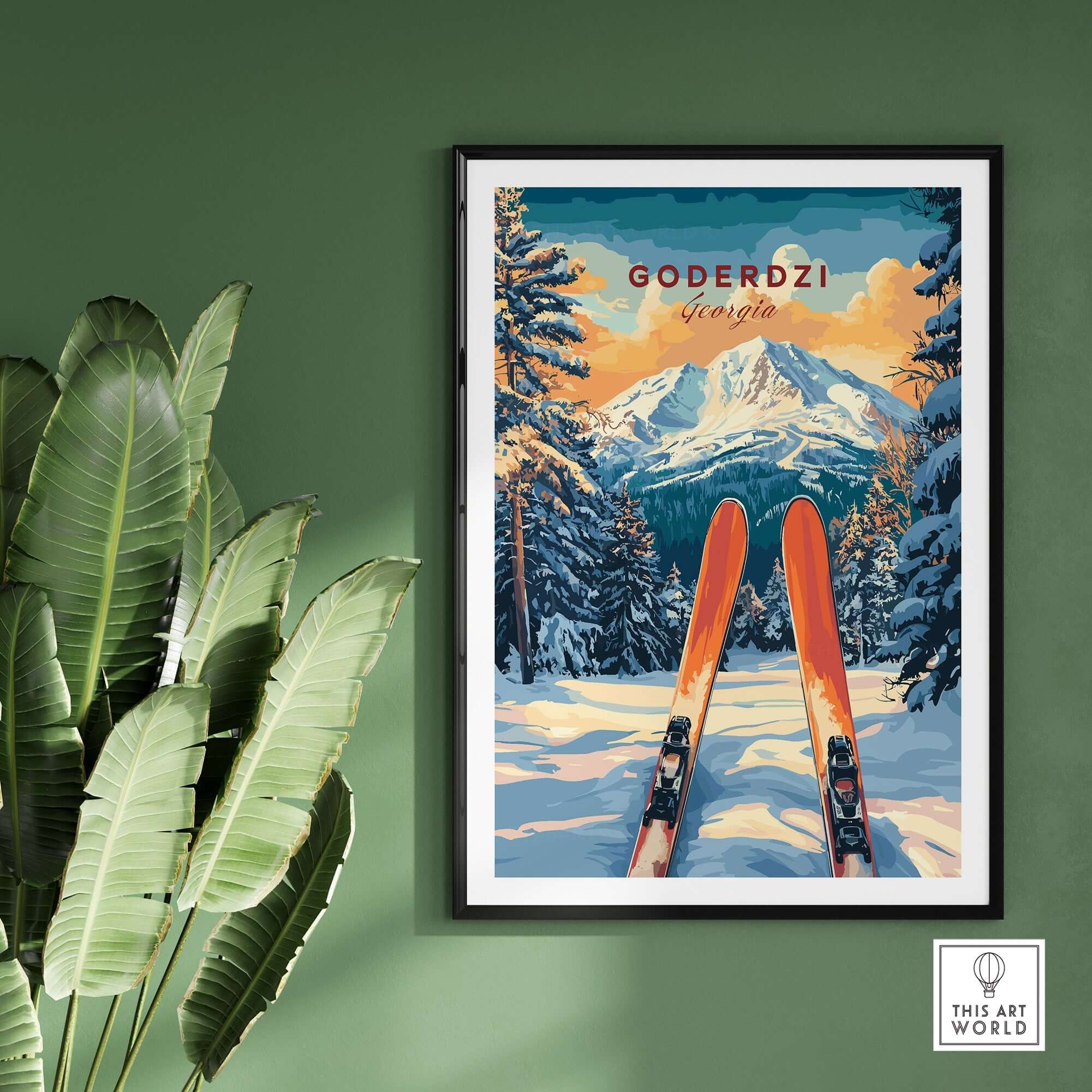 Goderdzi Ski wall art print showcasing ski equipment and snowy mountains in Georgia, perfect for nature and adventure lovers.