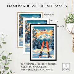 Handmade wooden frames in natural, white, and black, showcasing Goderdzi Ski wall art print with snow-covered mountains.