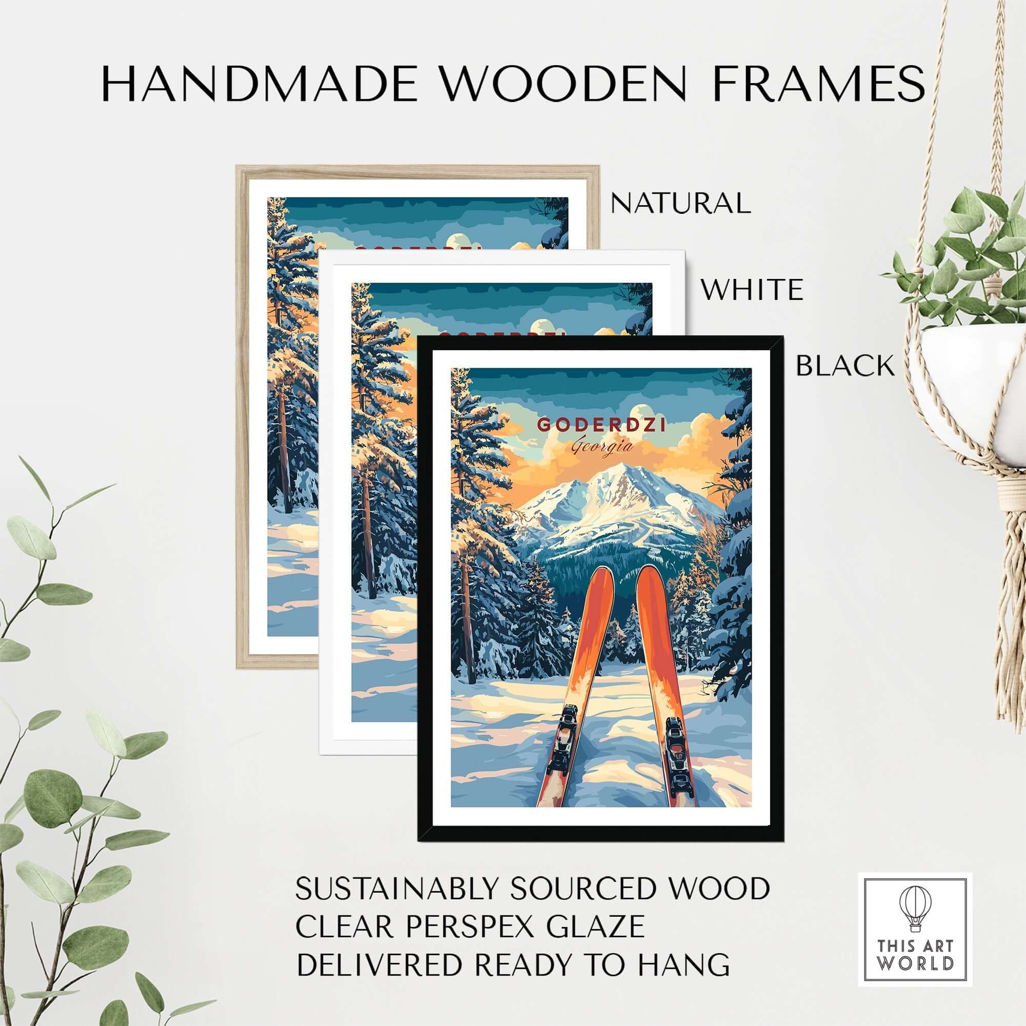 Handmade wooden frames in natural, white, and black, showcasing Goderdzi Ski wall art print with snow-covered mountains.