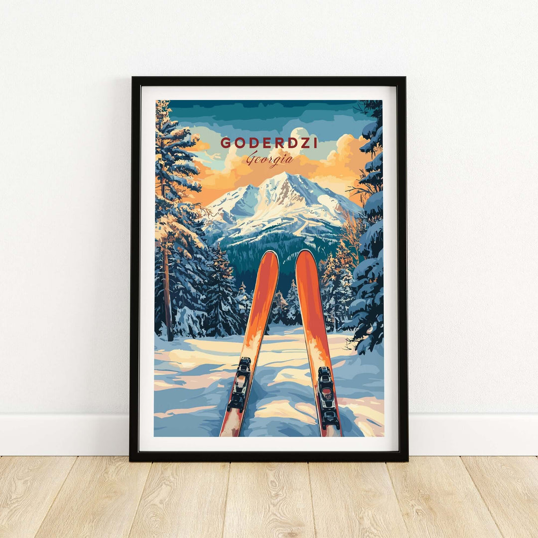 Goderdzi Ski wall art print featuring skis in snow with mountain backdrop, inspired by the beauty of Georgia's ski resort.