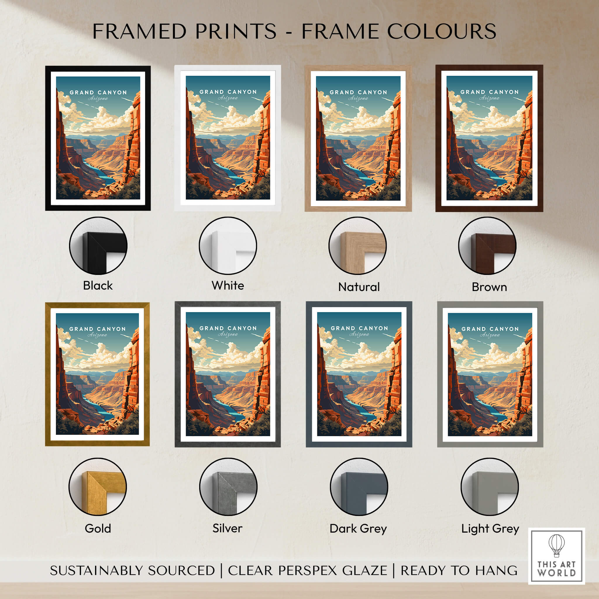 Grand Canyon Poster framed print color options including black, white, natural, brown, gold, silver, dark grey, and light grey.