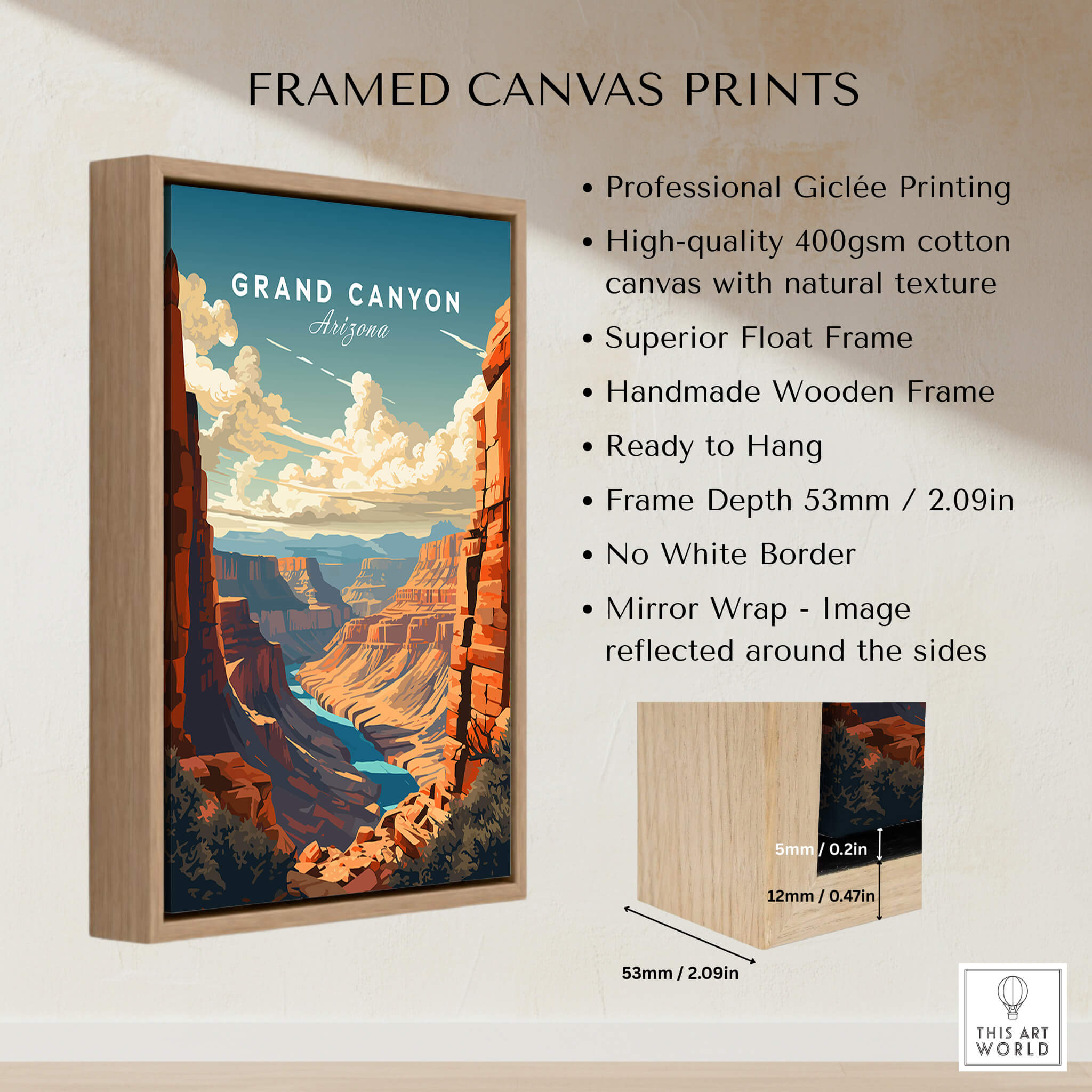 Framed canvas print of the Grand Canyon Poster showcasing vibrant colors and fine details in a wooden frame.