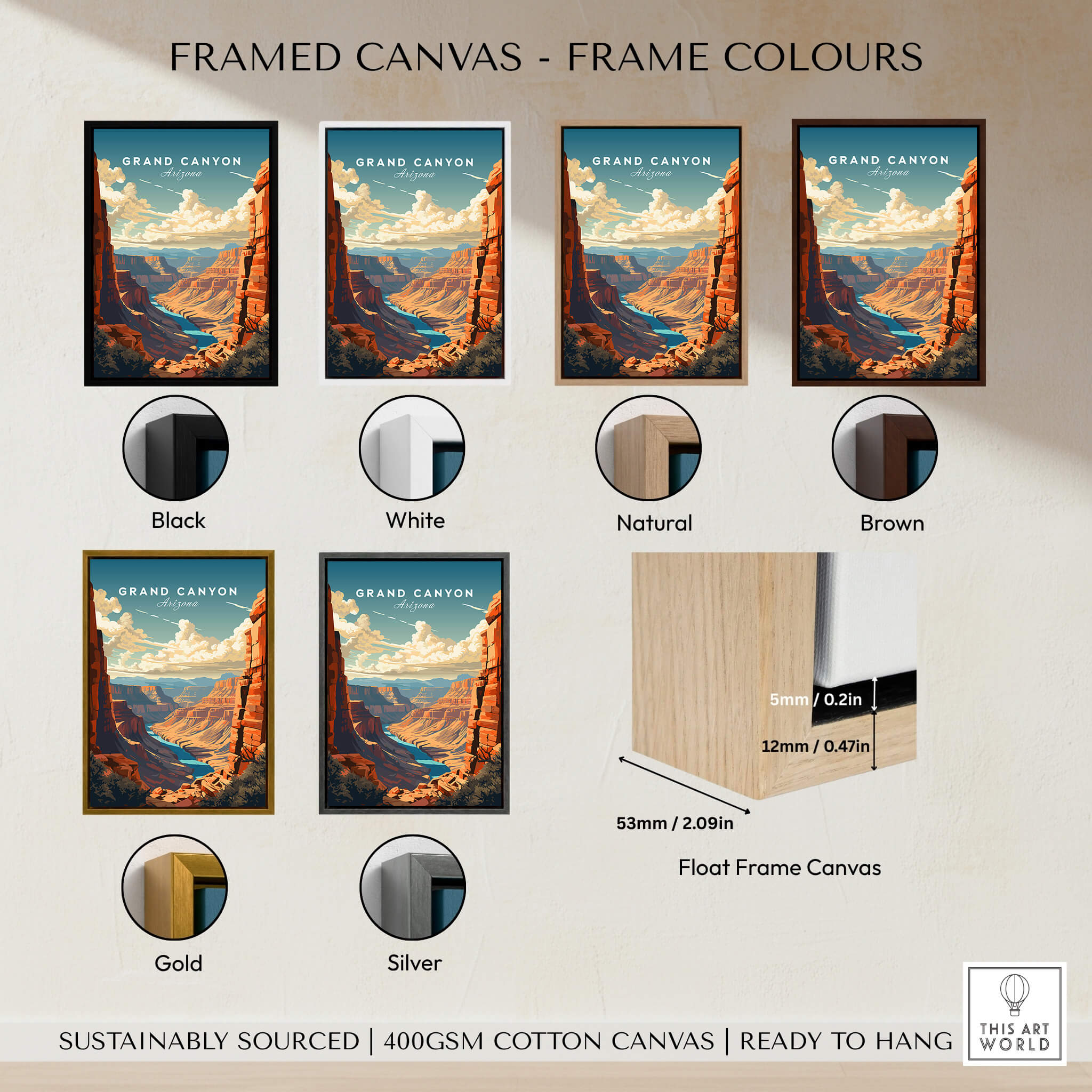 Grand Canyon Poster framed in various colors including black, white, natural, brown, gold, and silver.