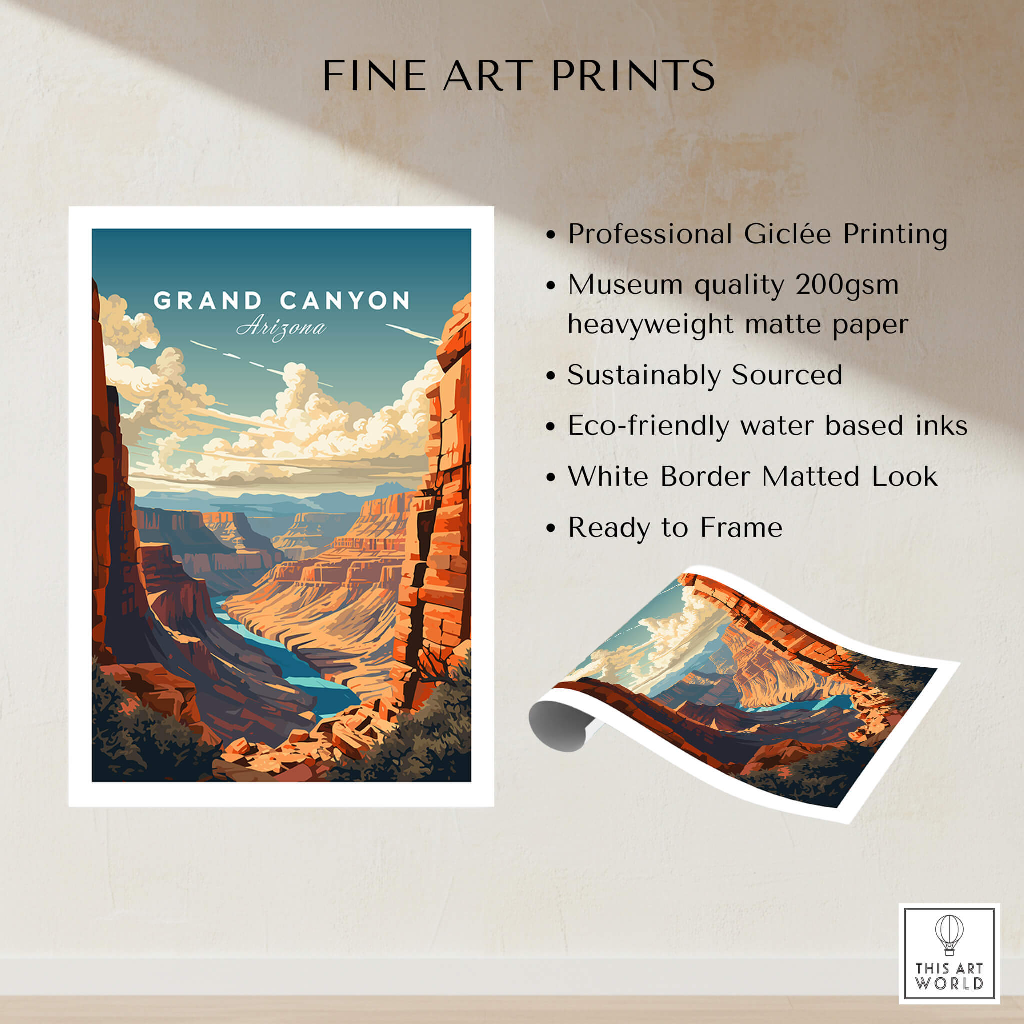 Grand Canyon Poster showcasing a stunning landscape with professional Giclée printing and eco-friendly materials.