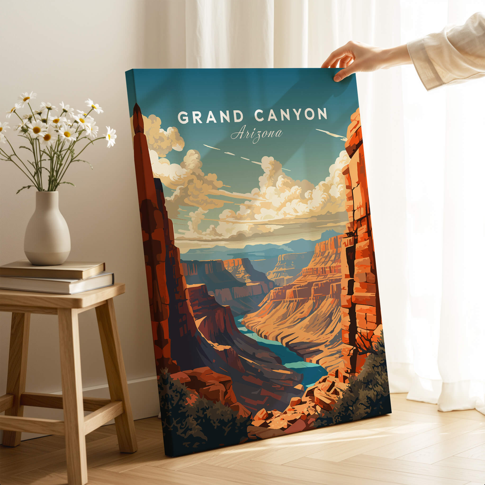 Grand Canyon Poster featuring a vibrant landscape of the Grand Canyon with colorful rock formations and blue river.