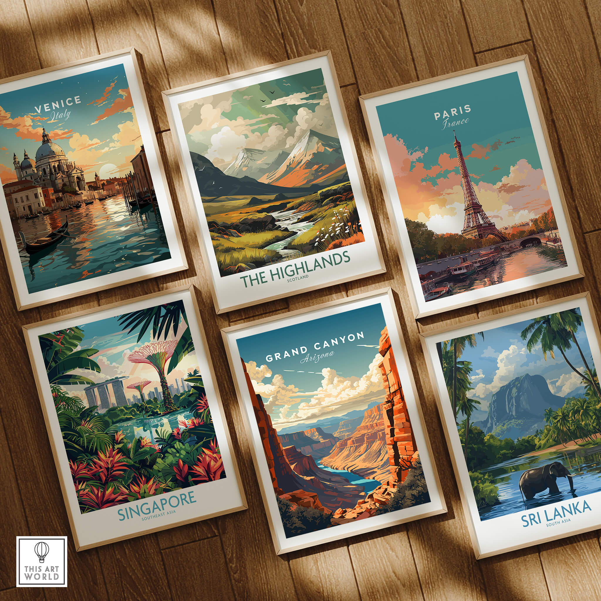 Collection of travel-themed posters including Grand Canyon Poster, showcasing iconic landscapes and landmarks.